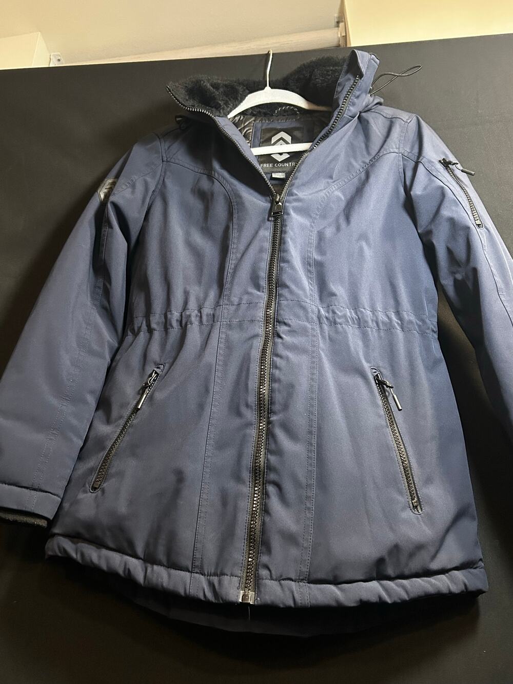 Free Country Women XS Navy Insulated Parka Jacket Faux Fur Hood Winter Coat